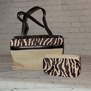 Estee Lauder Mini Tote with coin purse Tan Burlap and Brown and Tan Zebra Print
